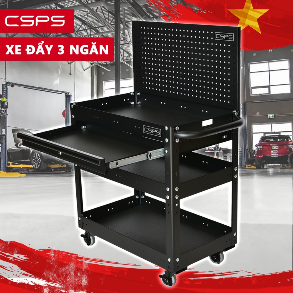 Xe đẩy 3 ngăn CSPS 71cm tổng tải trọng 135kg, nhiều phiên bản phụ kiện khác nhau, 3 màu chọn lựa