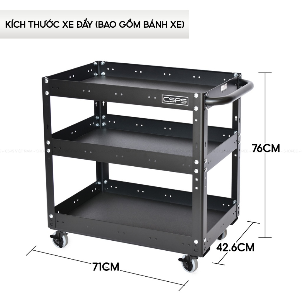 Xe đẩy 3 ngăn CSPS 71cm tổng tải trọng 135kg, nhiều phiên bản phụ kiện khác nhau, 3 màu chọn lựa