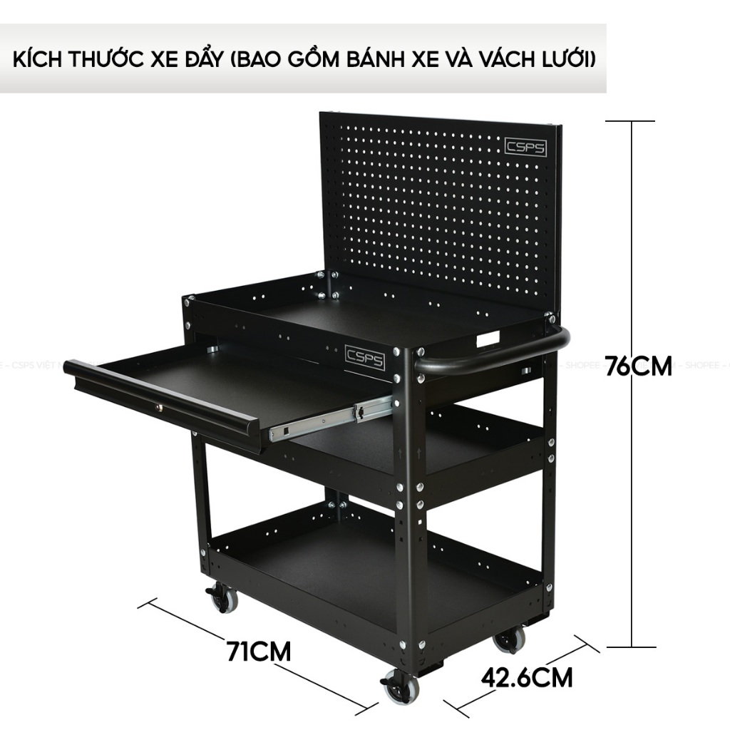 Xe đẩy 3 ngăn CSPS 71cm tổng tải trọng 135kg, nhiều phiên bản phụ kiện khác nhau, 3 màu chọn lựa