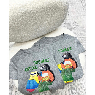 Áo phông cotton thêu chữ Cat dog doublee form ôm