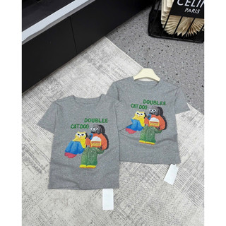 Áo phông cotton thêu chữ Cat dog doublee form ôm