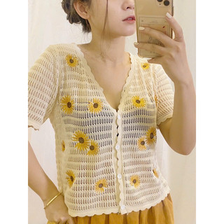 LT - Áo len ren đan móc cài khuy vintage hoạ tiết hoa cúc ren mỏng lưới 1005