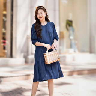 SWANLAKE | Váy Đầm Denim Jean Wash Mềm Suông Đuôi Cá Xòe Cổ Tròn Tay Phồng Có Túi Công Sở - D11295