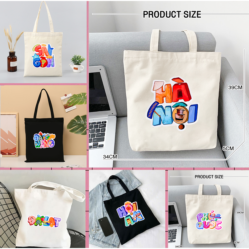 Túi tote túi vải bố canvas họa tiết các tỉnh thành phố Việt Nam Nghệ Thuật đeo vai đi học, đi chơi 35x40cm tota095