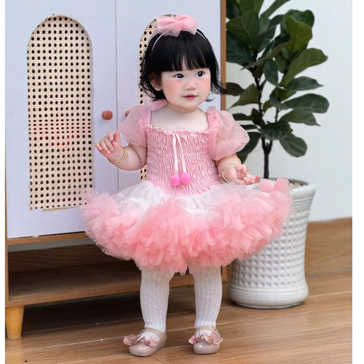 Váy Công Chúa Tutu Có Tay Kèm Cài Cô Dâu Chất Lưới Mềm 5-15 Kg,Váy Cho Bé Gái Đầy Tháng Sinh Nhật Dự Tiệc(Bé Cưng Store)