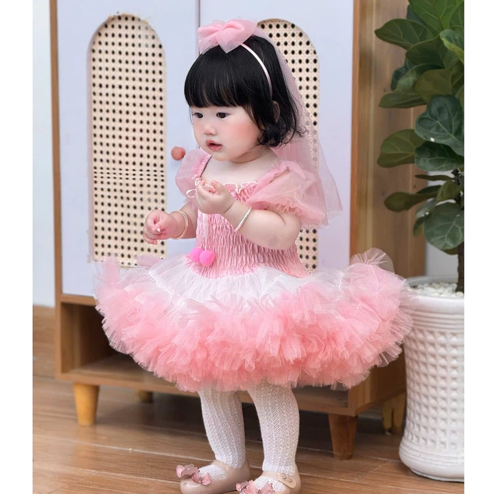 Váy Công Chúa Tutu Có Tay Kèm Cài Cô Dâu Chất Lưới Mềm 5-15 Kg,Váy Cho Bé Gái Đầy Tháng Sinh Nhật Dự Tiệc(Bé Cưng Store)