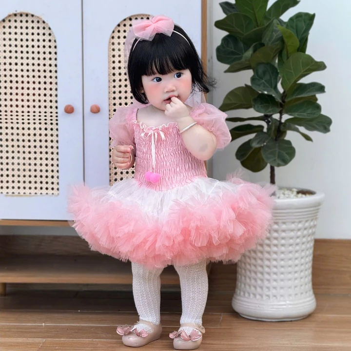 Váy Công Chúa Tutu Có Tay Kèm Cài Cô Dâu Chất Lưới Mềm 5-15 Kg,Váy Cho Bé Gái Đầy Tháng Sinh Nhật Dự Tiệc(Bé Cưng Store)
