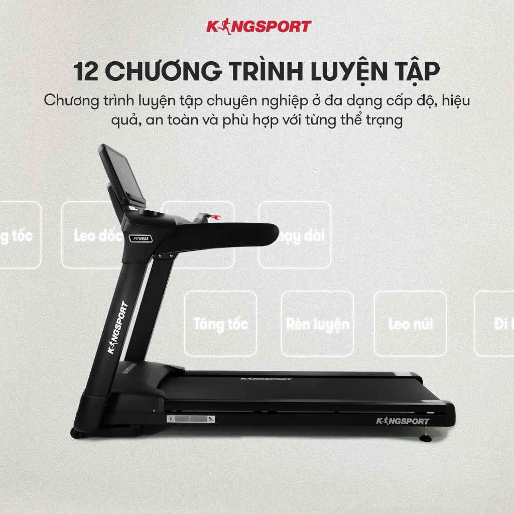 Máy chạy bộ KINGSPORT K-03 đơn năng, tốc độ tối đa 20km/h, 24 chương trình luyện tập