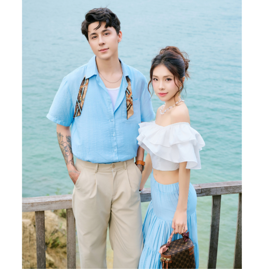 Set đồ biển đôi nam nữ set couple với người yêu áo sơ mi  nam + đầm maxi xòe áo trễ vai nữ thương hiệu LILA - AVRIO
