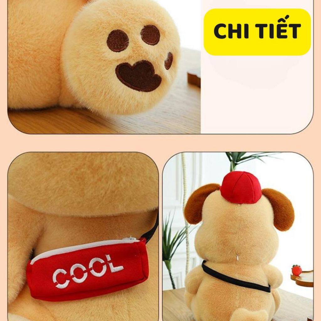 Gấu bông con chó đội mũ đeo yếm dễ thương, Thú nhồi bông chó đáng yêu lông thỏ cao cấp làm quà tặng cho bé