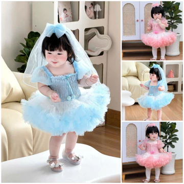 Váy Công Chúa Tutu Có Tay Kèm Cài Cô Dâu Chất Lưới Mềm 5-15 Kg,Váy Cho Bé Gái Đầy Tháng Sinh Nhật Dự Tiệc(Bé Cưng Store)