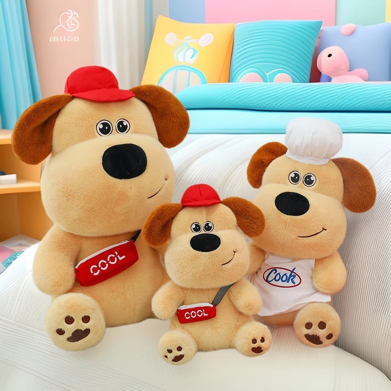 Gấu bông con chó đội mũ đeo yếm dễ thương, Thú nhồi bông chó đáng yêu lông thỏ cao cấp làm quà tặng cho bé