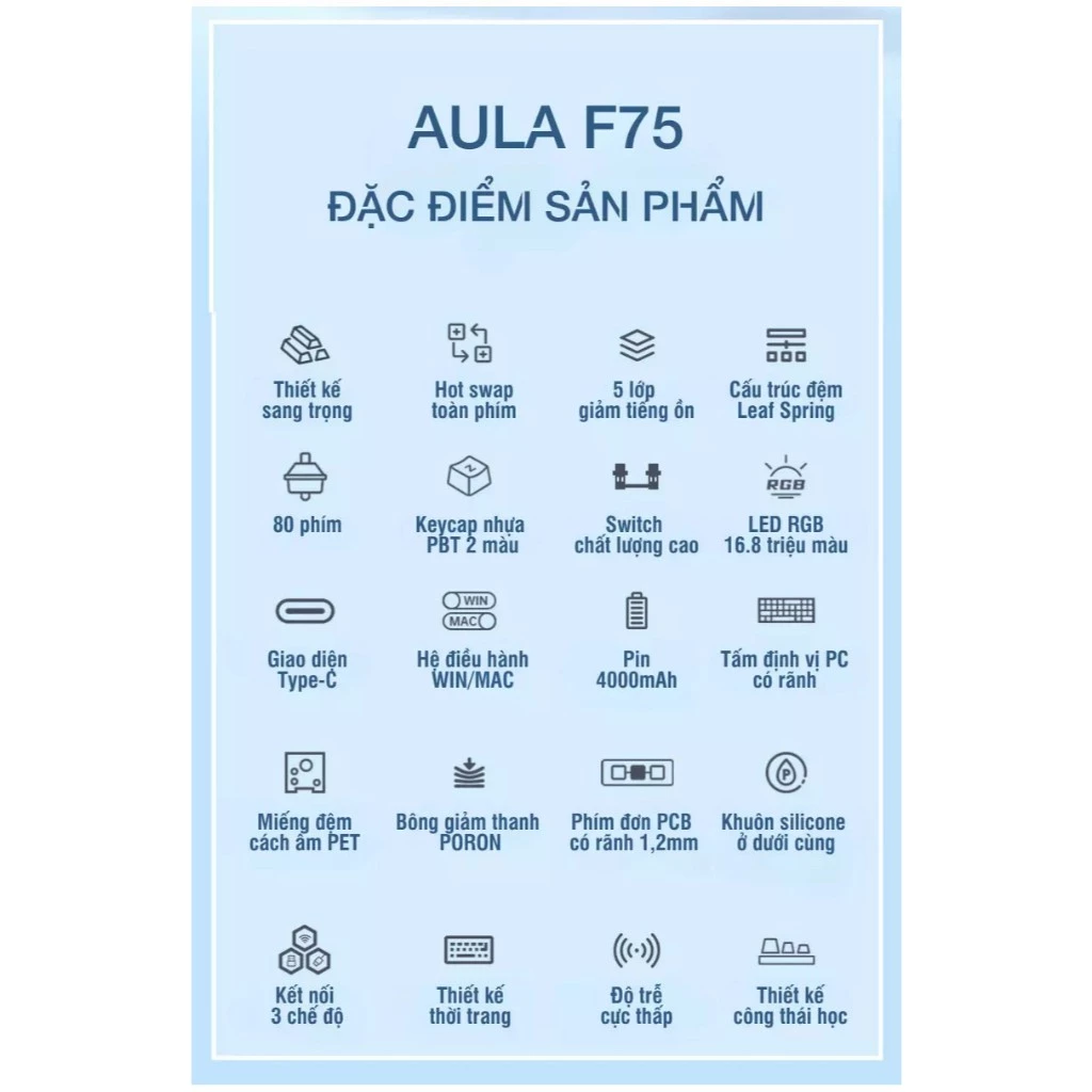 bàn phím cơ aula f75, bàn phím cơ không dây, bàn phím cơ 3 mode rgb