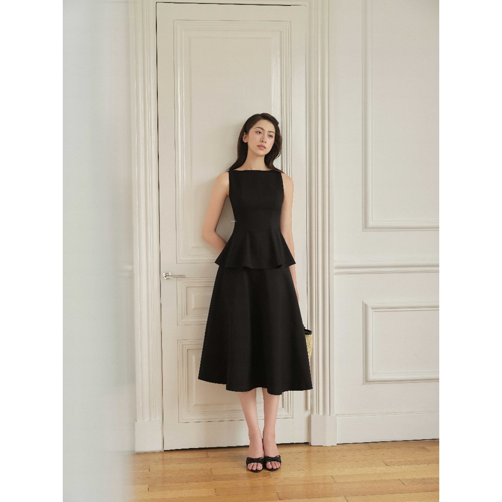Set áo cổ ngang không tay peplum 2T25.2504K + chân váy midi bổ múi dáng xòe 4L03.2505K – thời trang công sở nữ JM
