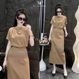 Set áo váy nâu Quảng Châu thiết kế tay hến siêu xinh, Set đồ nữ công sở vintage trẻ trung