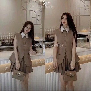 Set áo váy be tây Quảng Châu thiết kế áo sơ mi sát nách phối cổ trắng bẻ mix chân váy xếp ly xòe ngắn tiểu thư