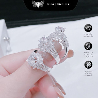 Nhẫn nữ bạc Lopa, nhẫn bản to 3 khe đính đá sang chảnh sk08