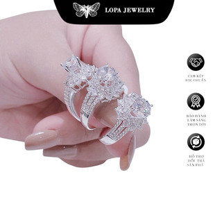 Nhẫn nữ bạc Lopa, nhẫn bản to 3 khe đính đá sang chảnh sk08