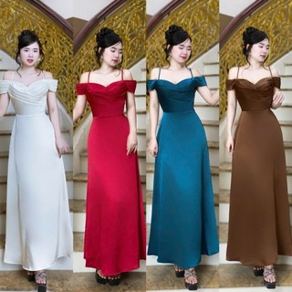 Đầm váy dạ hội xòe phi lụa bẹt vai xếp ly tko mm 2025
