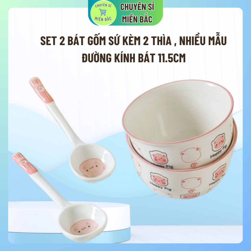 Set 2 Bát Ăn Cơm Bằng Sứ Hình Con Lợn Cute