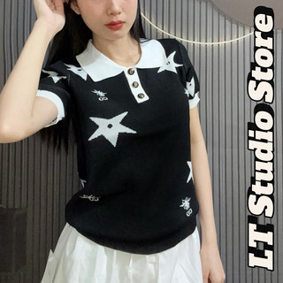 Áo len nữ cộc tay mongtoghi hoạ tiết sao len mỏng mặc bốn mùa kiểu cổ bẻ free size mã 994
