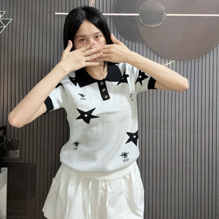 Áo len nữ cộc tay mongtoghi hoạ tiết sao len mỏng mặc bốn mùa kiểu cổ bẻ free size mã 994