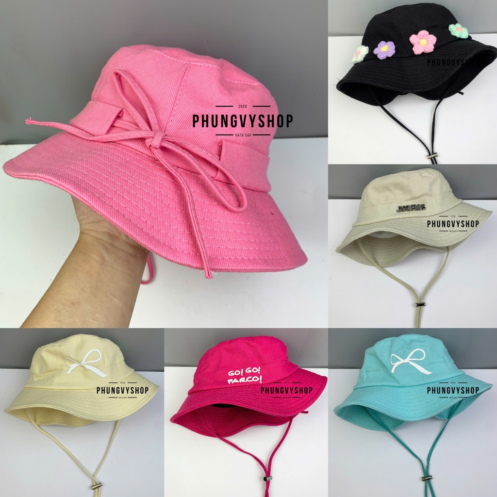 Mũ nón bucket tai bèo vành unisex nam nữ phungvyshop - / Bo Lớn KAKI LUỒN NƠ SAU Dây rút dài /