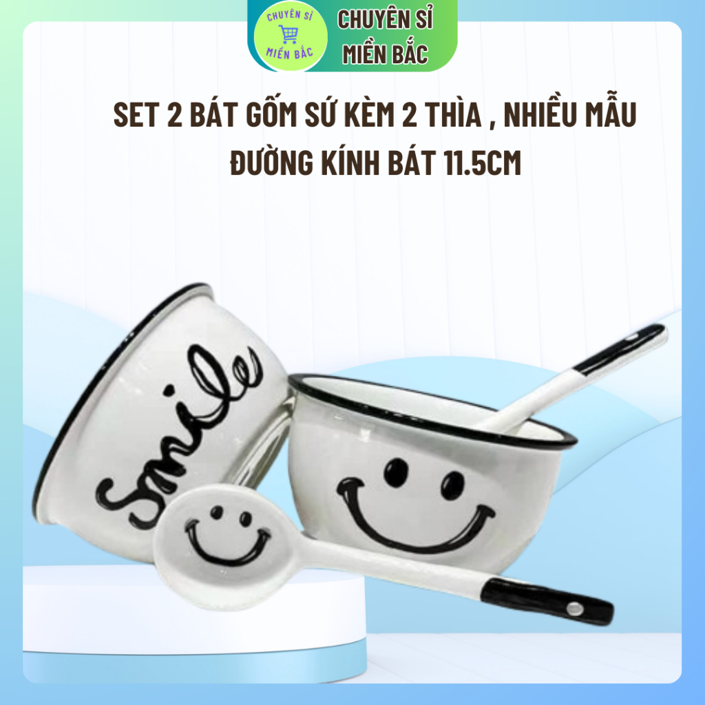 Set 2 Bát Ăn Cơm Bằng Sứ Hình  Mặt Cười Smile Cute