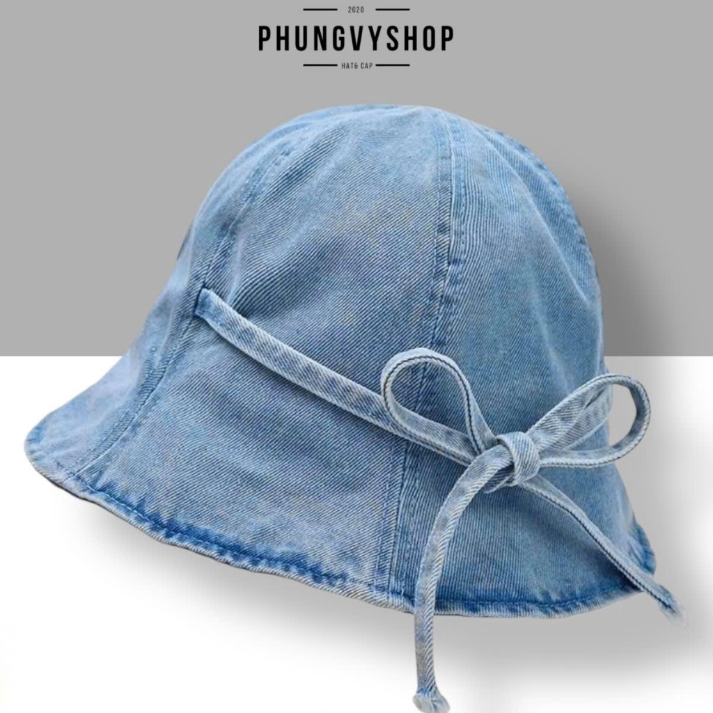 Mũ denim nón bucket tai bèo vành unisex nam nữ phungvyshop - / Bo Lớn JEAN CỤP CỘT NƠ /
