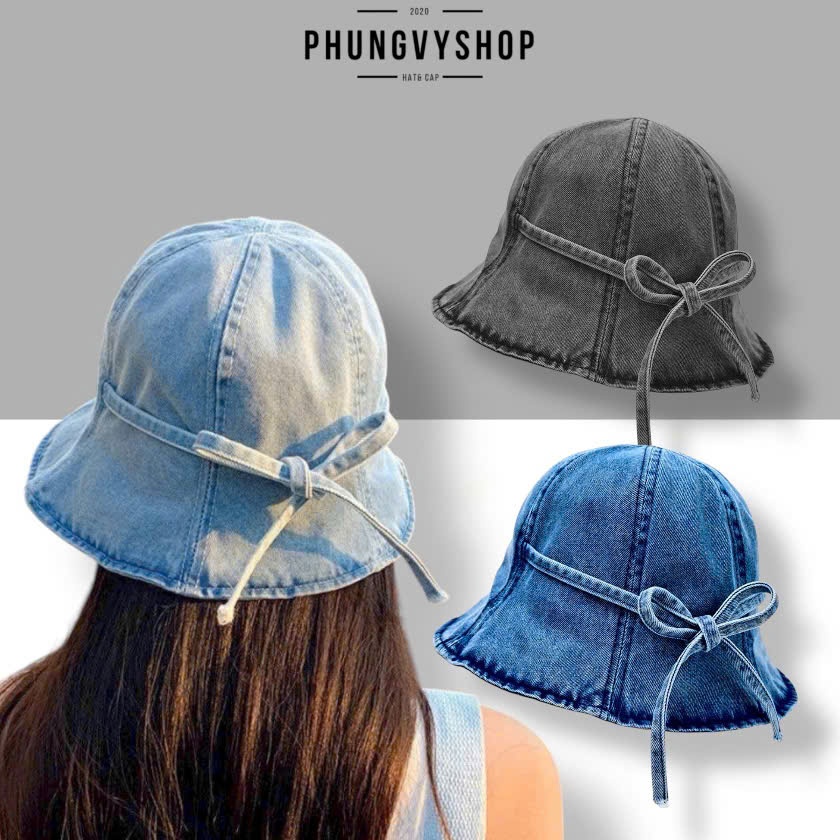 Mũ denim nón bucket tai bèo vành unisex nam nữ phungvyshop - / Bo Lớn JEAN CỤP CỘT NƠ /