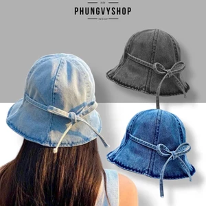 Mũ denim nón bucket tai bèo vành unisex nam nữ phungvyshop - / Bo Lớn JEAN CỤP CỘT NƠ /
