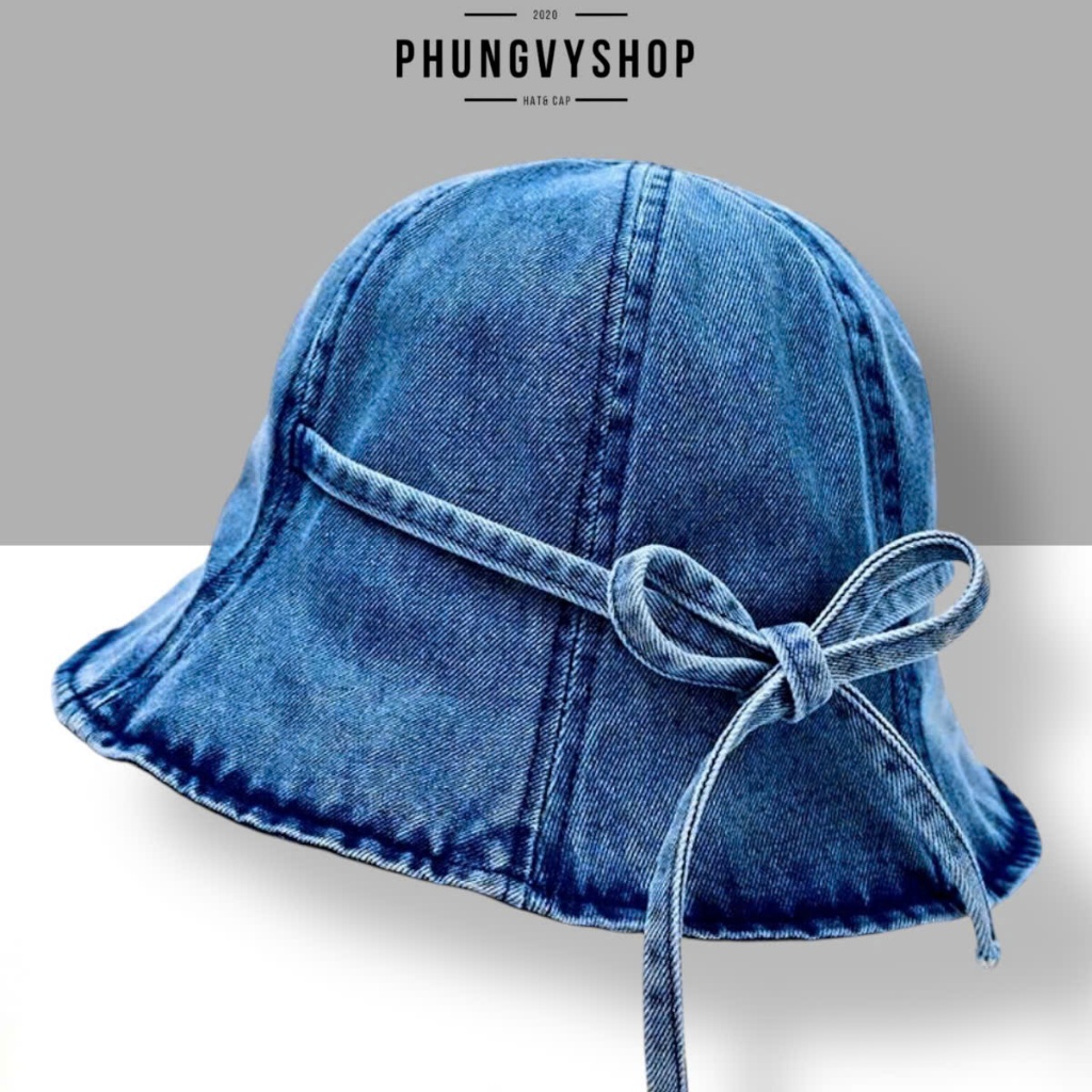 Mũ denim nón bucket tai bèo vành unisex nam nữ phungvyshop - / Bo Lớn JEAN CỤP CỘT NƠ /