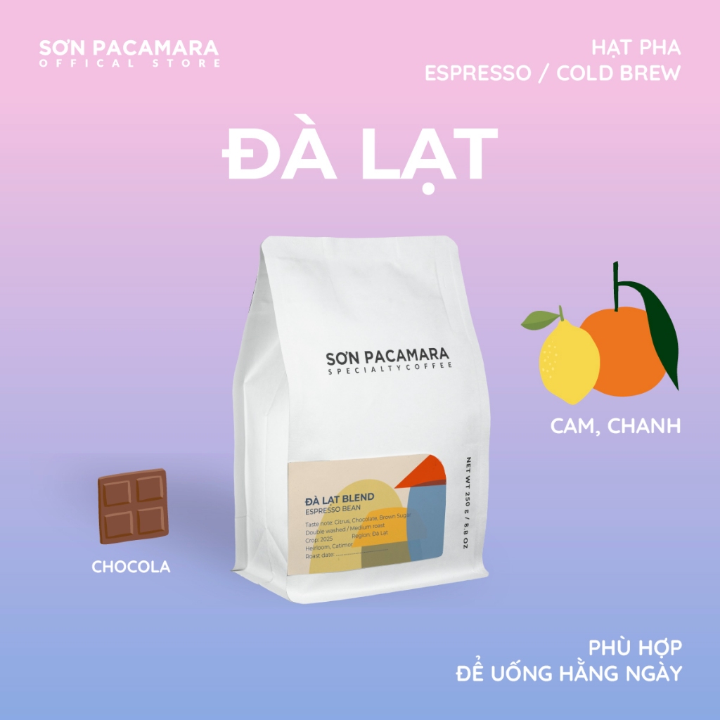 Cà Phê Espresso Sơn Pacamara Gói Đà Lạt, 100% Arabica, Vị Đầm Rang Vừa, Gói 250gr/500gr