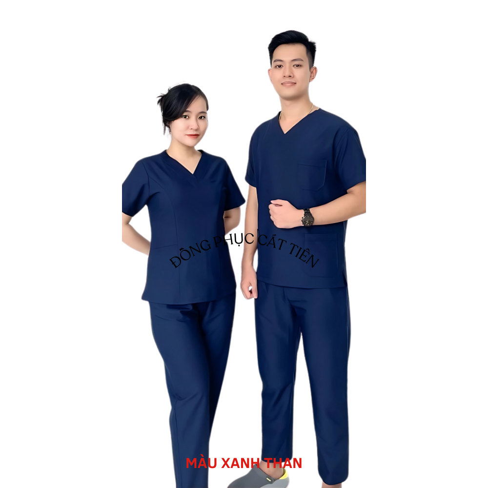 Bộ Scrubs Vải Cotton Cao Cấp Cổ Tim Màu Xanh Than, Mềm Nhẹ, Thấm Hút Mồ Hôi Tốt,Co Giãn, spa, y tế