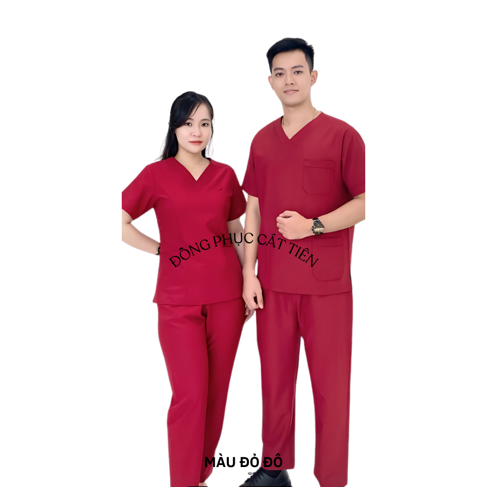 Bộ Scrubs bác sĩ spa vải Cotton lạnh hàn cao cấp cổ tim màu đỏ đô, thoáng mát, cổ tim trẻ trung