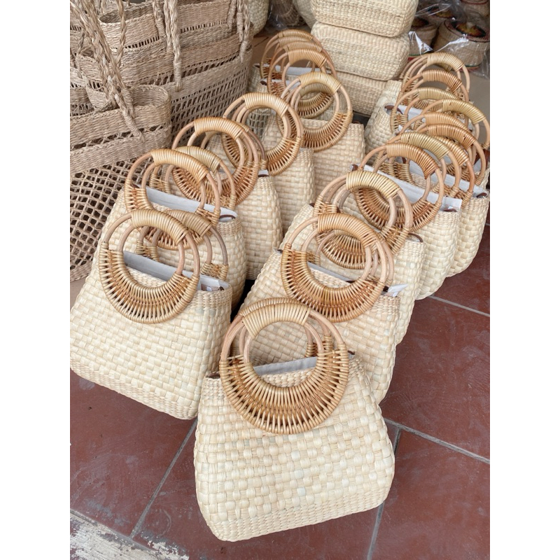 Túi cói lục bình quai mặt trăng đính hoa thêu ruy băng - túi xách nữ đi chơi đi tiệc - kho sỉ túi cói lục bình