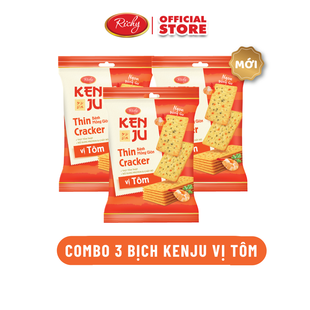 [TẶNG QUẠT ĐƠN 180K] Combo 3 Túi Bánh Kenju Rau Củ vị Tôm 192g, Bánh Quy vị Tôm thật - Bánh kẹo Richy
