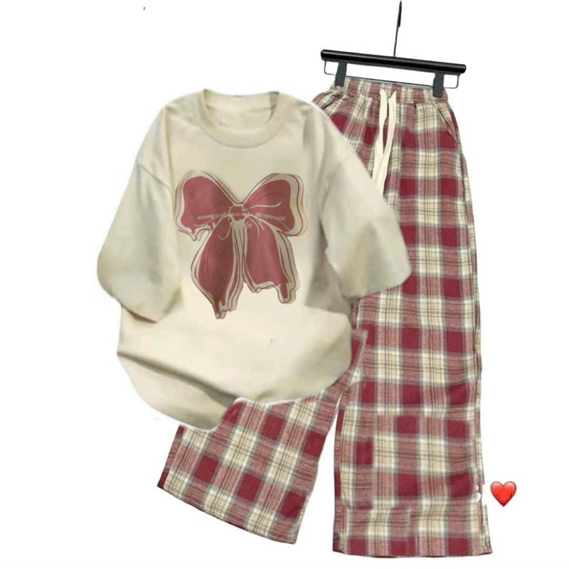 Tổng Hợp Các Sét Quần Kẻ Caro màu ĐỎ  ống Rộng + Mix Áo Phông Form Rộng Tay Lỡ Cotton