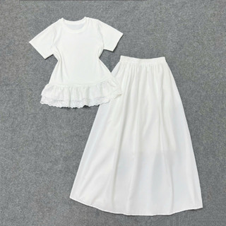 Set Áo Váy Bigsize Nữ Tay Ngắn Viền Ren Kèm Váy Dài Xòe Nàng Thơ Cho Chubby 59-95kg SET(A281+CV15)
