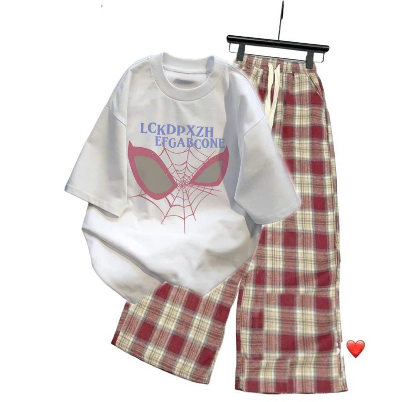 Tổng Hợp Các Sét Quần Kẻ Caro màu ĐỎ  ống Rộng + Mix Áo Phông Form Rộng Tay Lỡ Cotton
