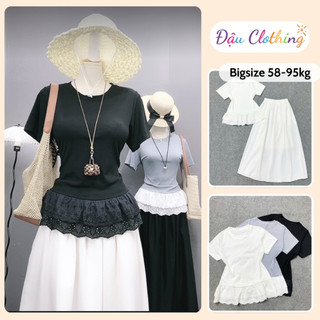 Set Áo Váy Bigsize Nữ Tay Ngắn Viền Ren Kèm Váy Dài Xòe Nàng Thơ Cho Chubby 59-95kg SET(A281+CV15)