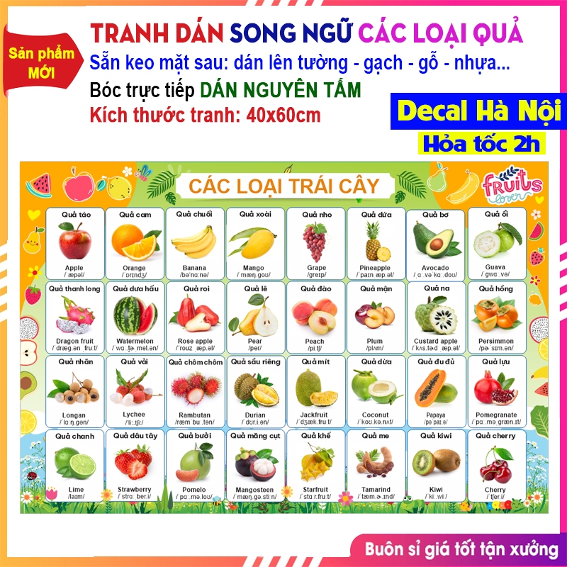 💥 KHUYẾN MẠI SP MỚI 💥 Tranh dán nguyên tấm hoa quả song ngữ có phiên âm, giúp bé học hiệu quả!