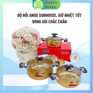 Bộ nồi Anod Sunhouse chất liệu nhôm dùng bếp gas bếp hồng ngoại Size: 16cm – 20cm – 24cm