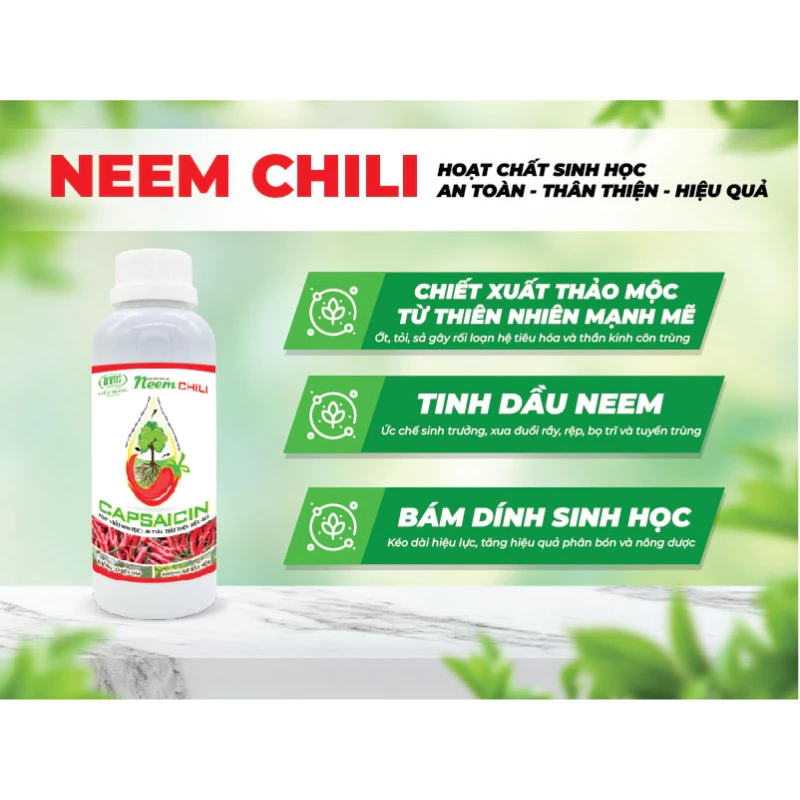 Neem chili 500ml chiết suất tỏi, sả ớt kiểm soát rầy mềm, nhện đỏ, bọ trĩ, rệp sáp