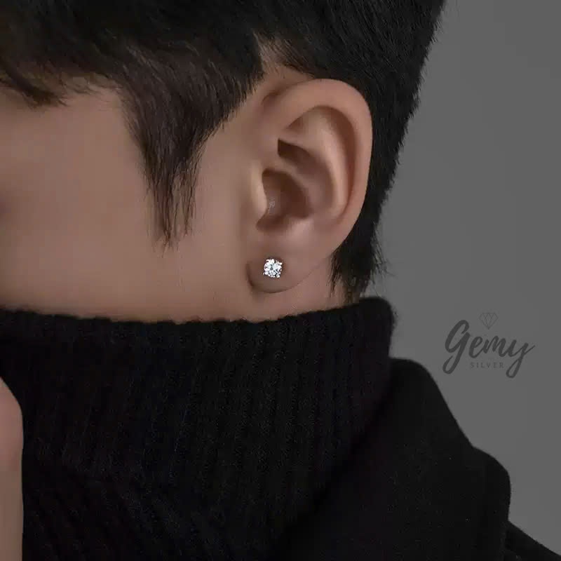 Khuyên tai bạc nam nụ đá nhiều size có kèm giấy GRA và thẻ đen Moissanite (1 chiếc) | GEMY SILVER KN117