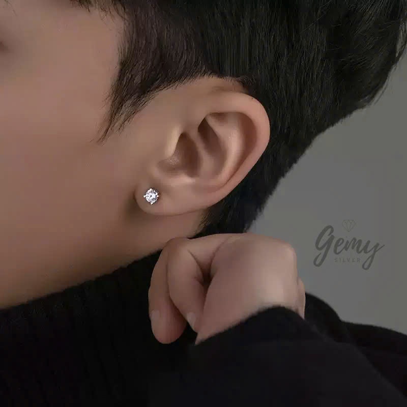 Khuyên tai bạc nam nụ đá nhiều size có kèm giấy GRA và thẻ đen Moissanite (1 chiếc) | GEMY SILVER KN117