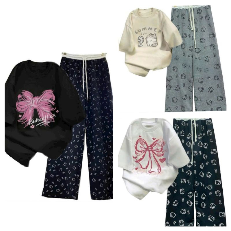 Tổng hợp set bộ quần xuông hoạ tiết mèo+mix áo phông chất cotton mềm mịn-Quanaonamnu94