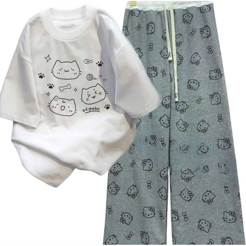 Tổng hợp set bộ quần xuông hoạ tiết mèo+mix áo phông chất cotton mềm mịn-Quanaonamnu94
