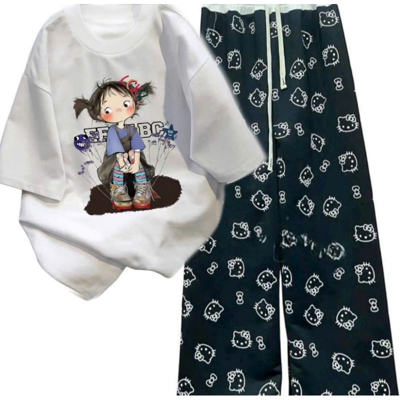 Tổng hợp set bộ quần xuông hoạ tiết mèo+mix áo phông chất cotton mềm mịn-Quanaonamnu94
