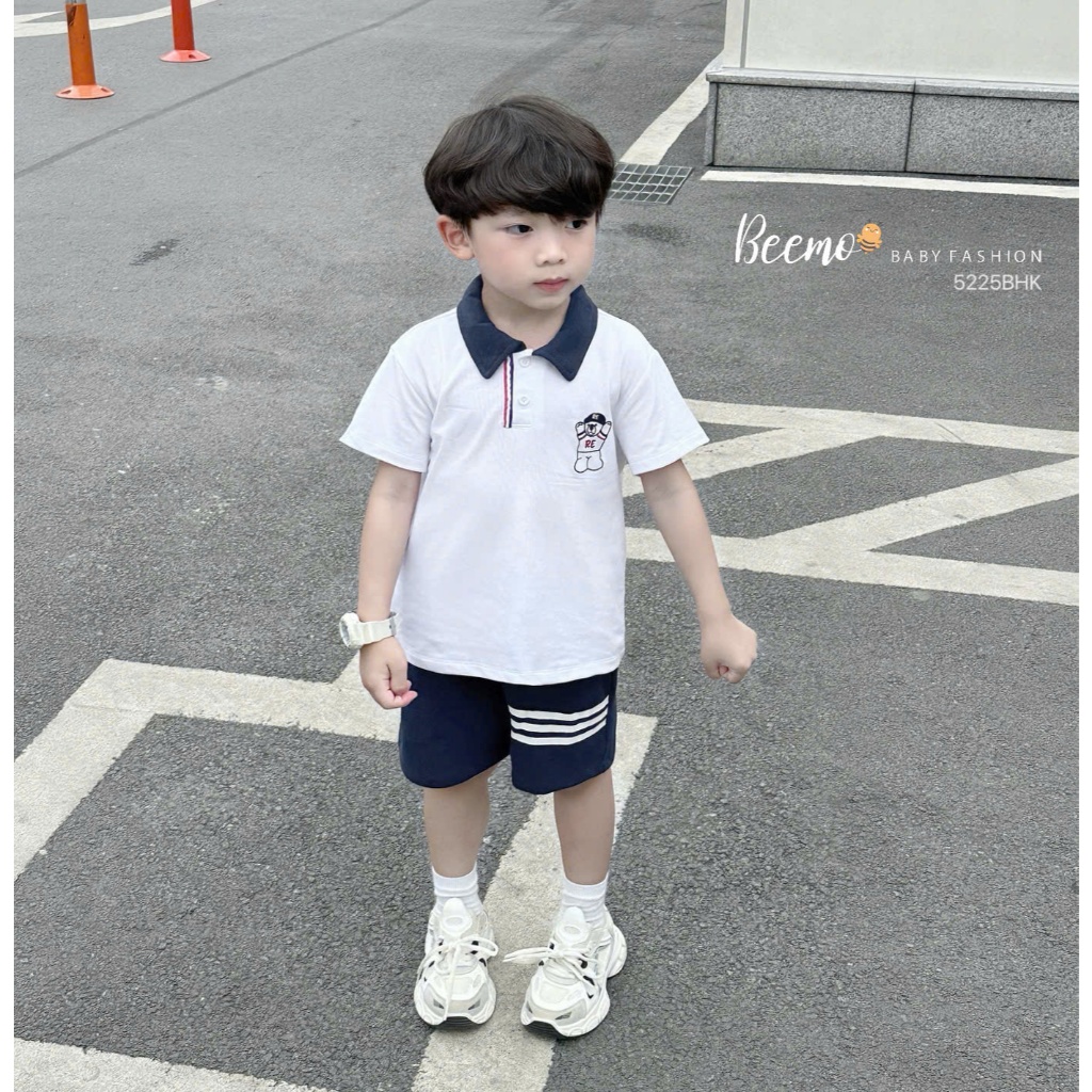 ( Beemo) Bộ polo beemo hè cộc tay thêu chú gấu kèm quần phối viền chất vải cá sấu có co giãn cho bé size 9-26kg